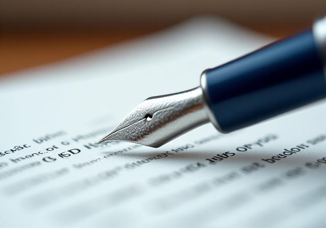 Close-up of a professional fountain pen and a high-quality commercial legal document on a mahogany desk