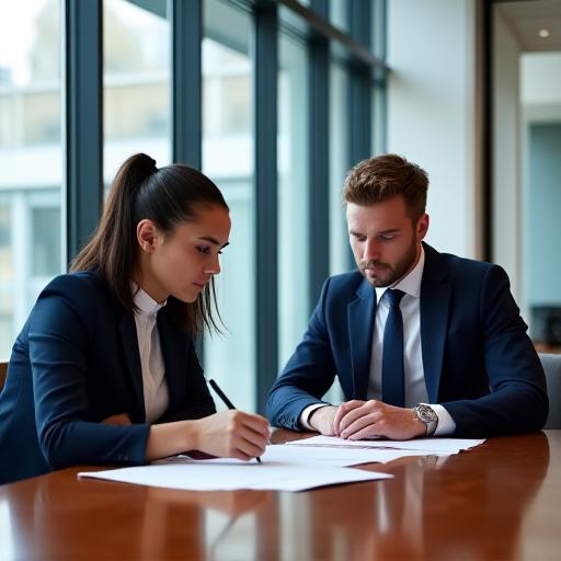 Two legal professionals in a London office discussing a contract draft